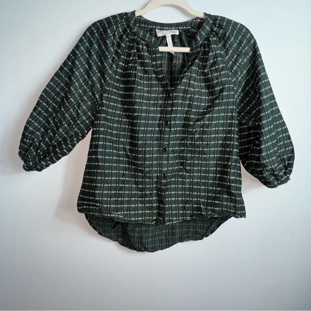 Apiece Apart Mitte Striped Top forest green stripe XS peasant blouse cotton silk - Picture 3 of 14